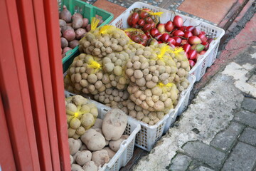 Fresh organic potato background in the market.