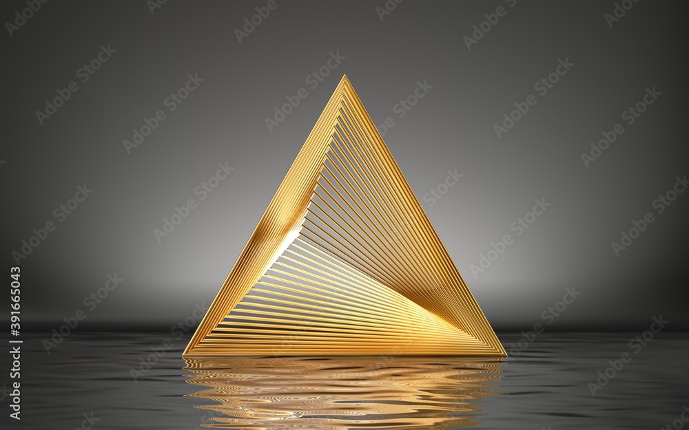 Poster 3d render, abstract golden pyramid isolated on black background with reflection in the water on the 