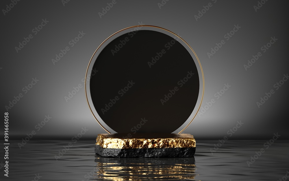 Poster 3d render, abstract modern minimal background with golden cobble platform, round black board and ref