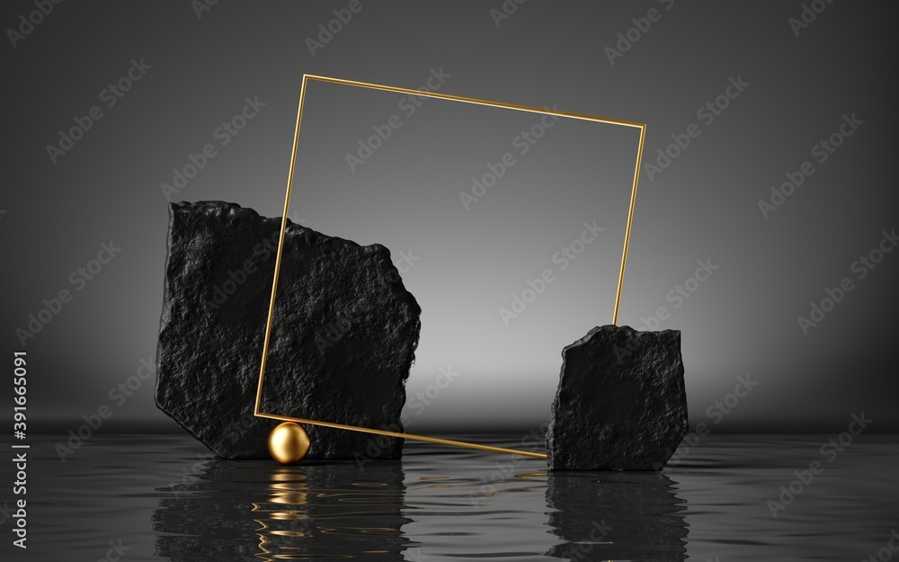 Poster 3d render, abstract black background with cobblestones and golden square frame, liquid floor with re