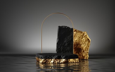 3d render, abstract black and gold background with cobblestones and golden arch frame, stand on the...