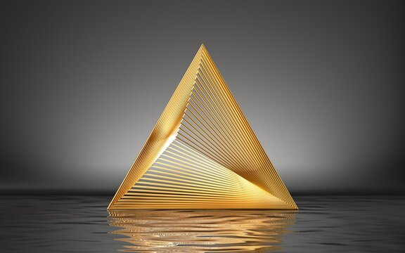 3d render, abstract golden pyramid isolated on black background with reflection in the water on the wet floor. Modern minimal geometric shape