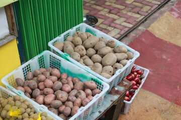 Fresh organic potato background in the market.