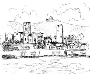 View from the sea to the towers of Antibes in France, graphic drawing on a white background, travel sketch