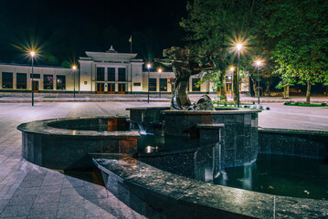 TRUSKAVETS, UKRAINE - OCTOBER 10, 2020: Mineral water pump room in Truskavets, buvette, The Spring №1. Night city.