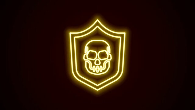 Glowing neon line Shield with pirate skull icon isolated on black background. 4K Video motion graphic animation