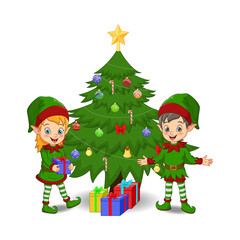 Cartoon elves decorating a Christmas tree