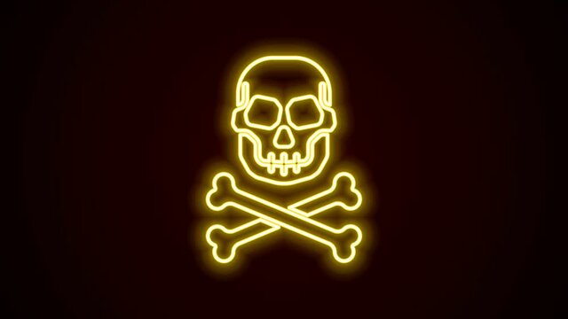 Glowing neon line Skull on crossbones icon isolated on black background. Happy Halloween party. 4K Video motion graphic animation