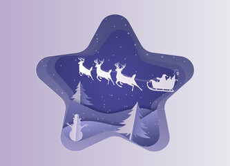 Marry christmas with Deer and santa claus driving in a sleigh with snow in the winter season.