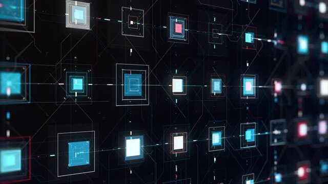 Macro electronic part of a computer, abstract technological background. Animation. Virtual artificial intelligence, rows of colorful moving figures connected by narrow lines.