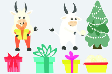 
White bulls, cows decorate the Christmas tree and a bull with a gift. Vector for New Year's illustration, postcards. Isolated.