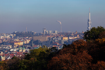 Autumn Prague City with colorful Trees from the Hill Petrin, Czech Republic