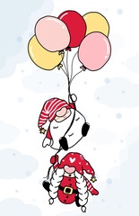 cute cartoon illustration two gnome hold balloon on sky in snow