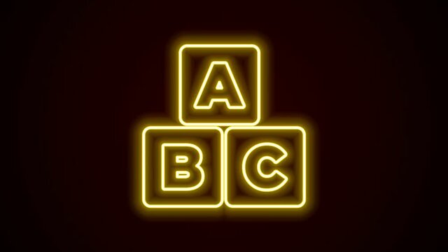 Glowing neon line ABC blocks icon isolated on black background. Alphabet cubes with letters A,B,C. 4K Video motion graphic animation
