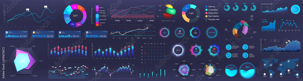 Poster Dashboard infographic, charts, graph and graphic UI, UX, KIT elements. Info chart elements for online statistics and data analytics. Modern template dashboard. Mockup admin panel. Vector infographics