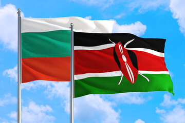 Kenya and Bulgaria national flag waving in the windy deep blue sky. Diplomacy and international relations concept.