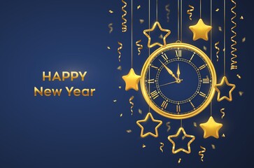 Happy New Year 2021. Golden shiny watch with Roman numeral and countdown midnight, eve for New Year. Background with shining gold stars. Merry Christmas. Xmas holiday. Vector illustration.