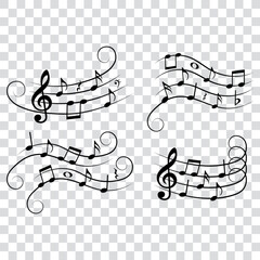 Set of music notes with swirls, vector illustration.