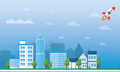 vector flat cartoon panorama - cityscape with different buildings with rocket.
