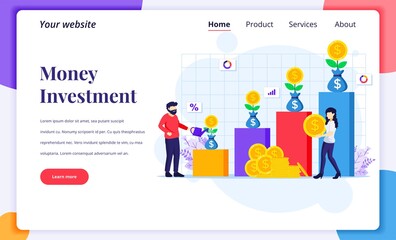 Obraz na płótnie Canvas Landing page design concept of Investment, people watering money tree, collect coin, increase financial investment profit. Flat vector illustration