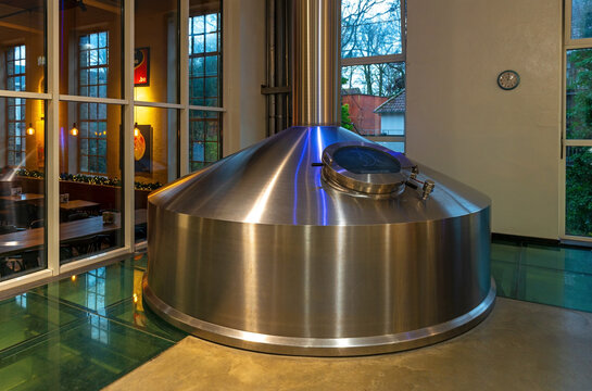 Stainless steel beer tank in the beer brewery of the Halve Maan (Half Moon), Bruges, Belgium.