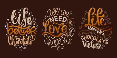 Fototapeta premium Chocolate hand lettering quotes set. Colorful Christmas word composition. Vector design elements for t-shirt, bag, poster, card, sticker and menu