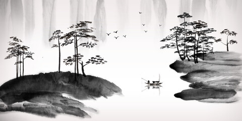 Chinese traditional landscape painting of mountain and trees  - 391673822