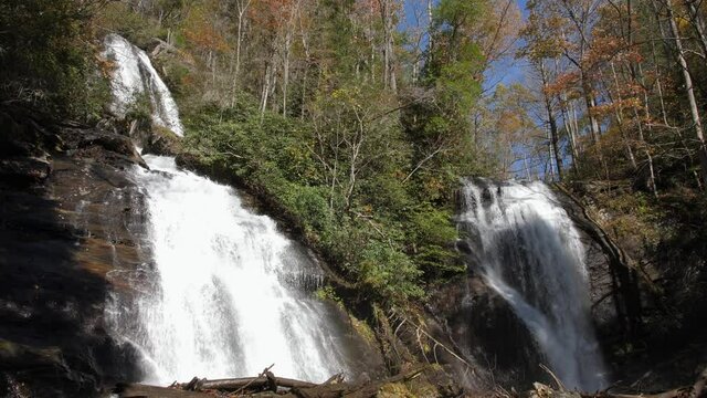 Twin waterfalls cascade down Anna Ruby Falls in autumn, 4k, 60fps