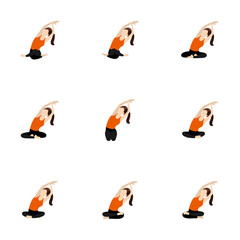 Seated side bend with an arm extension yoga asanas set /Illustration stylized woman practicing sukhasana and other poses with side stretch