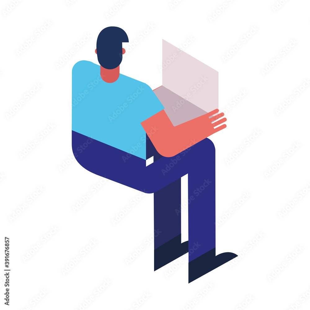 Poster man using laptop computer technology icon