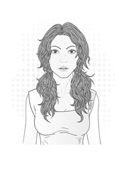 Vector illustration with beautiful young woman with long hair on a white background. Monochrome image.