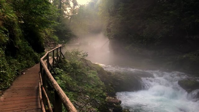 This is a 4k shot of vintgar gorge in slovenia There  is some haze over the river, so it looks really atmospheric and mystical.