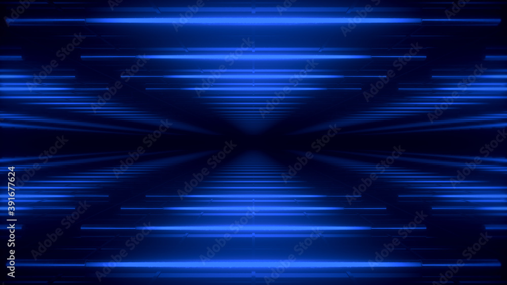 Poster abstract blue futuristic background. space from glowing neon light tubes of astera on a black backgr