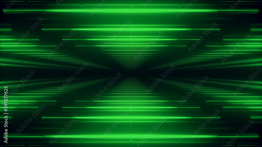 Poster abstract green futuristic background. space from glowing neon light tubes of astera on a black backg