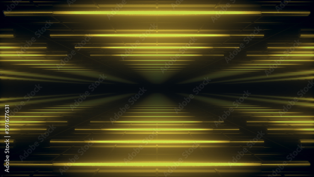 Poster abstract yellow futuristic background. space from glowing neon light tubes of astera on a black back