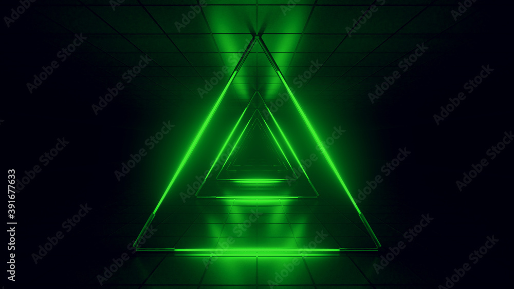 Poster abstract green futuristic background. space from glowing neon light tubes of astera on a black backg