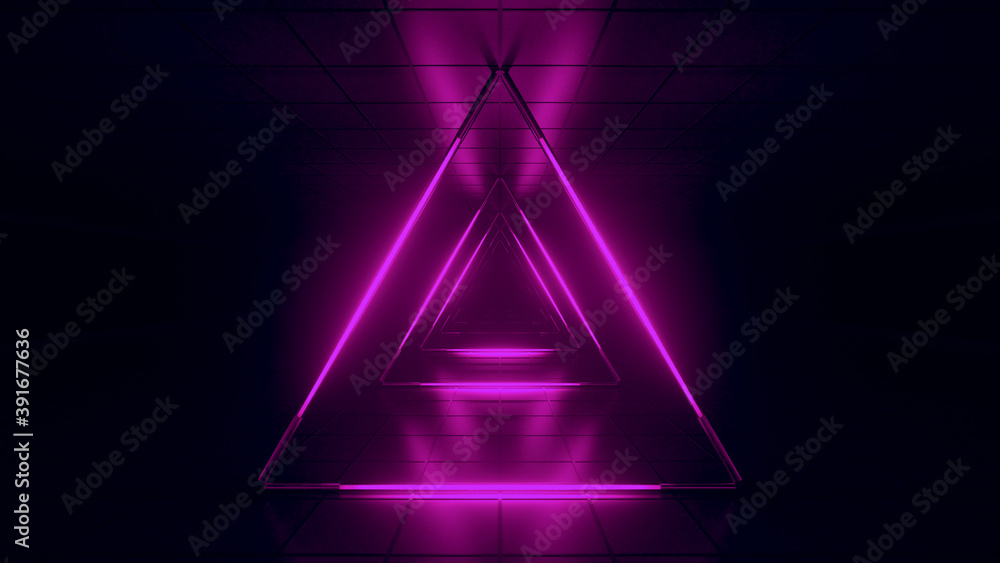 Poster abstract pink futuristic background. space from glowing neon light tubes of astera on a black backgr