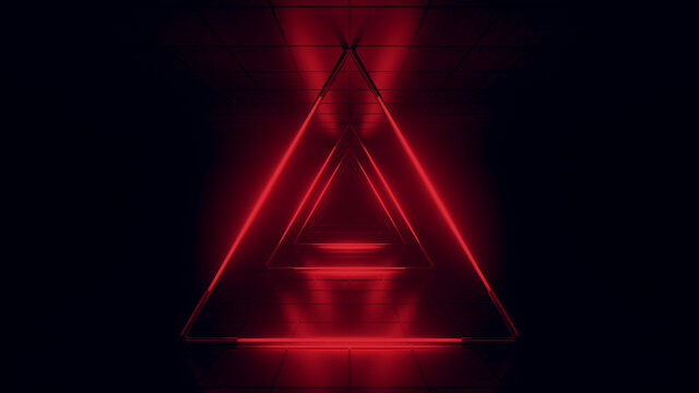 Abstract red futuristic background. Space from glowing neon light tubes of astera on a black background. Abstract technology. Tunnel interior view from a triangle. Led lamp. 3d rendering