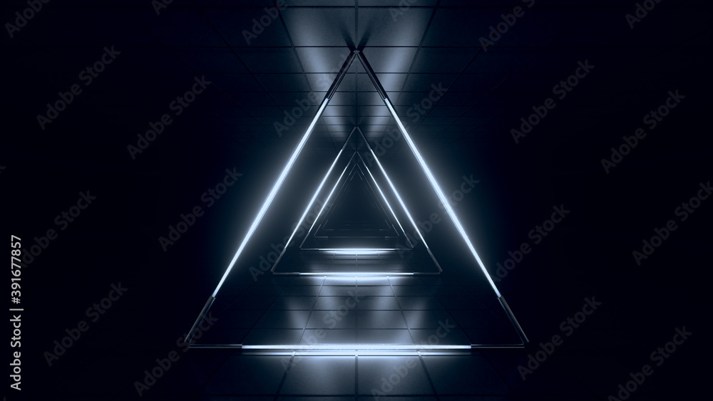 Poster abstract blue white futuristic background. space from glowing neon light tubes of astera on a black 