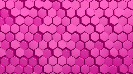 Abstract hexagonal background. A large number of pink hexagons. 3d wall texture, hexagonal blocks clusters. Cellular panel. 3d rendering geometric polygons