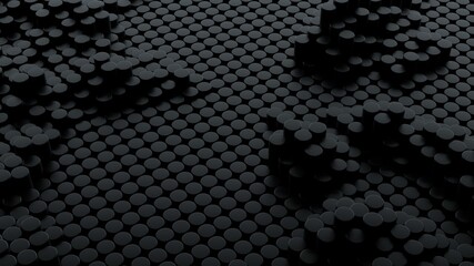 Abstract black background with cylinders. Ceramic round tiles. Geometry pattern. Random cells. Polygonal glossy surface. Futuristic abstraction. 3d rendering illustration