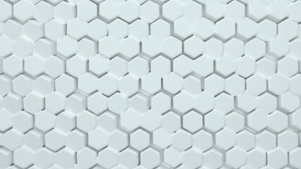Abstract hexagonal background. A large number of white hexagons. 3d wall texture, hexagonal blocks clusters. Cellular panel. 3d rendering geometric polygons