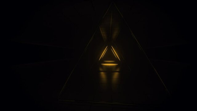 Abstract orange futuristic background. Space from glowing neon light tubes of astera on black background. Technology, VJ concept. Tunnel interior view from a triangle. Led lamp. 3d loop animation 4K