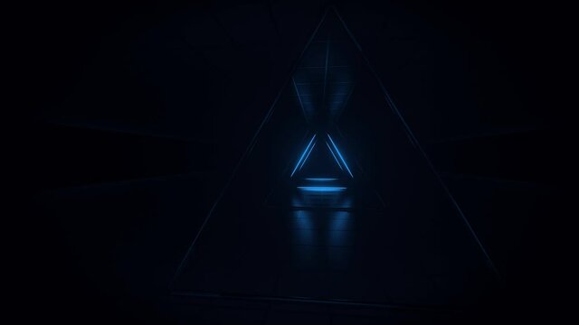 Abstract blue futuristic background. Space from glowing neon light tubes of astera on black background. Technology, VJ concept. Tunnel interior view from a triangle. Led lamp. 3d loop animation of 4K