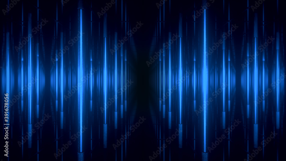 Poster abstract blue futuristic background. space from glowing neon light tubes of astera on a black backgr