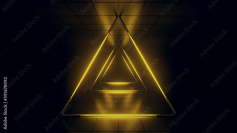 Poster abstract yellow futuristic background. space from glowing neon light tubes of astera on a black back