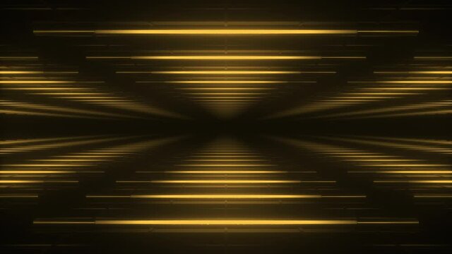 Abstract orange futuristic background. Space from glowing neon light triangle tubes of astera on black background. Technology, VJ concept. Led lamp. Horizontal view. Seamless loop 3d animation of 4K