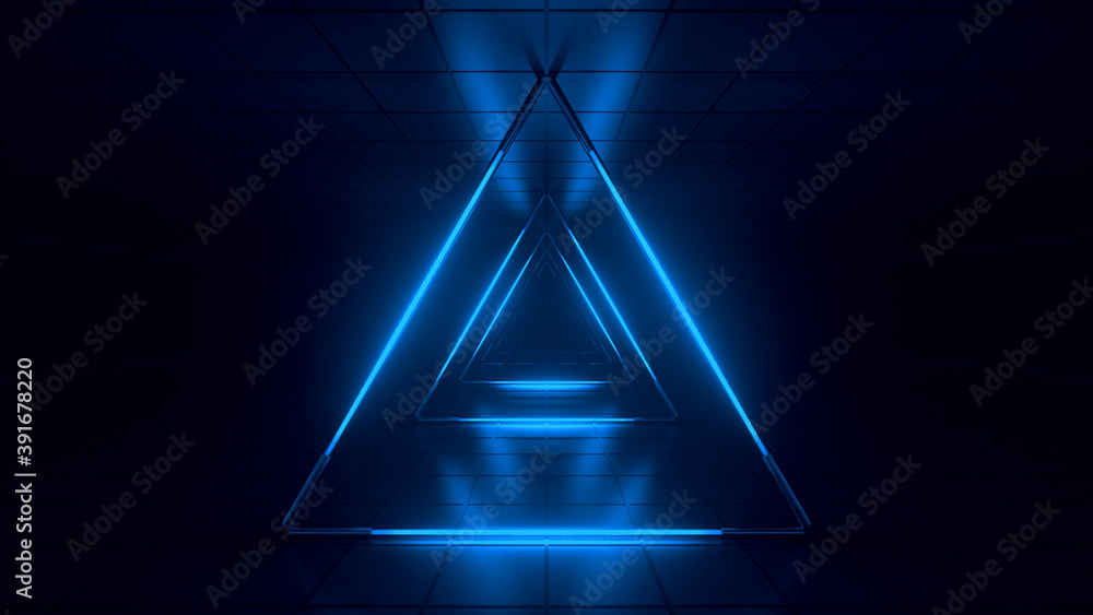 Poster abstract blue futuristic background. space from glowing neon light tubes of astera on a black backgr