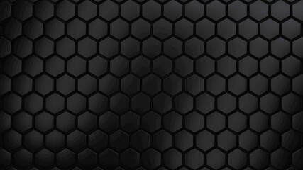 Abstract hexagonal background. A large number of black hexagons. 3d wall texture, hexagonal blocks clusters. Cellular panel. 3d rendering geometric polygons