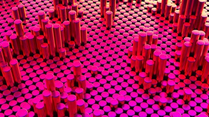 Obraz premium Abstract pink red gradient background with cylinders. Ceramic round tiles. Geometry pattern. Random cells. Polygonal glossy surface. Futuristic abstraction. 3d rendering illustration